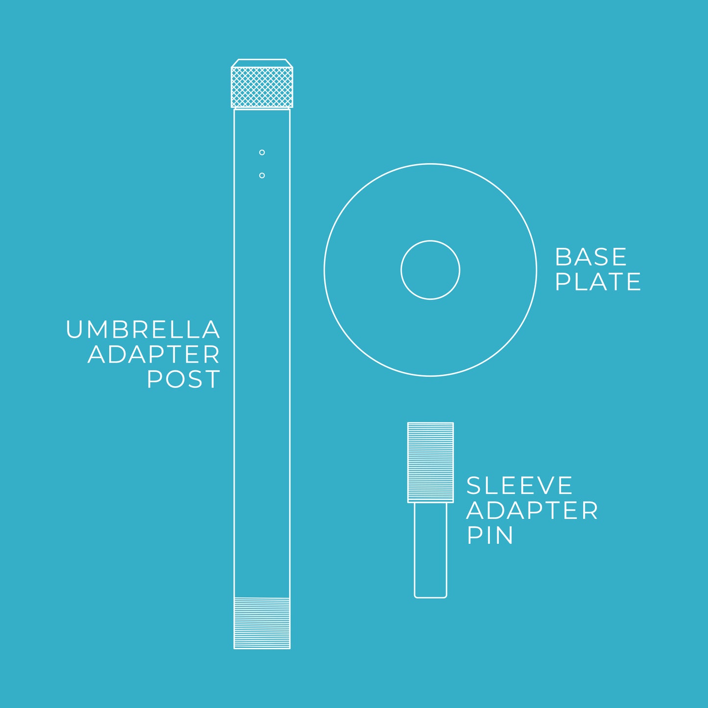 BAJAMATE Baja shelf in-pool adapter pieces detail, showing high-quality aluminum and stainless steel construction for umbrella, table, and poolside accessory stability
