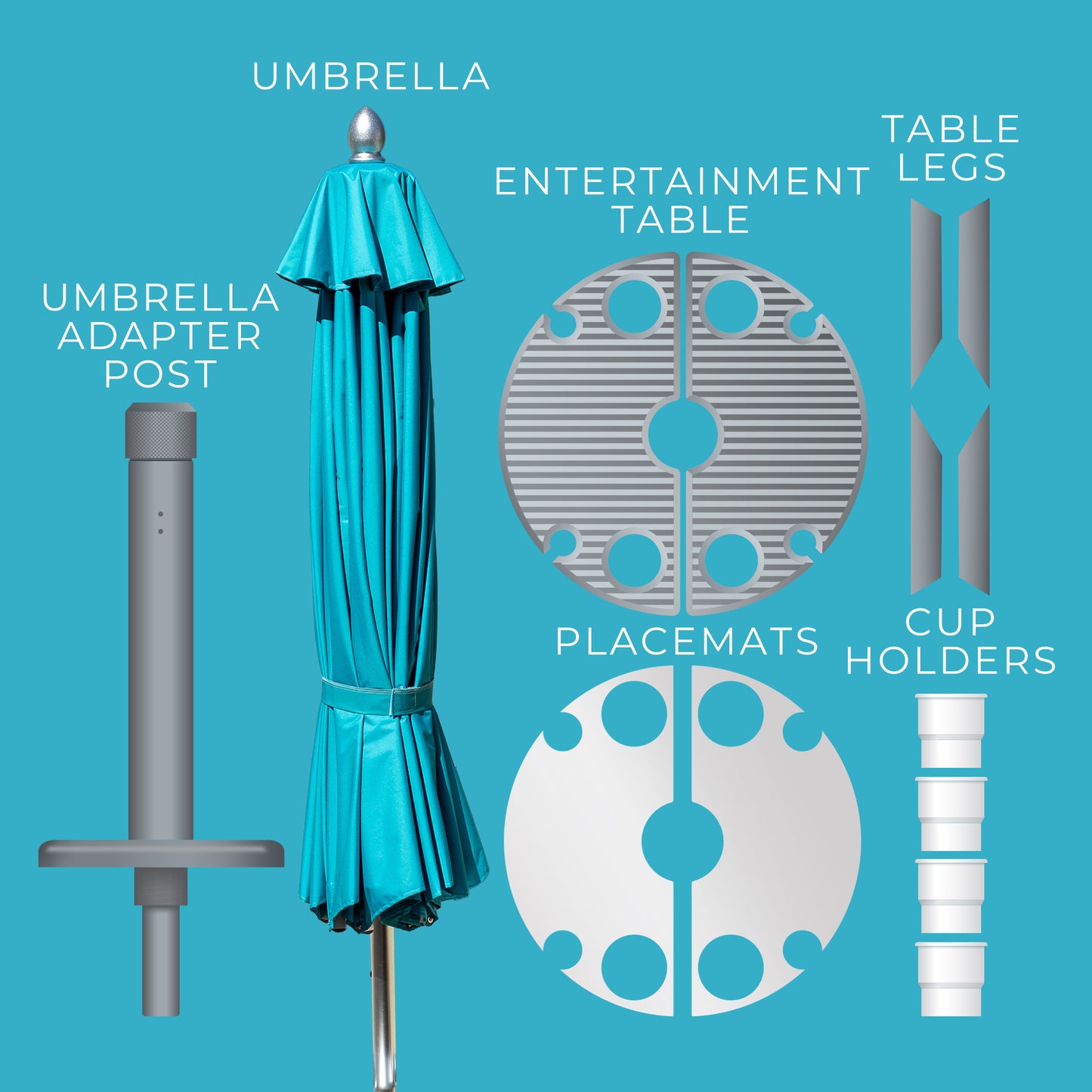 BAJAMATE Baja Shelf or Sun Shelf Super Combo LuxeKit with 316 stainless steel or aluminum sleeve adapter, 24-inch LuxeAluminum poolside table, 10 or 12 foot solar-powered umbrella, and silicone placemats for Baja shelf and sun shelf luxury upgrade