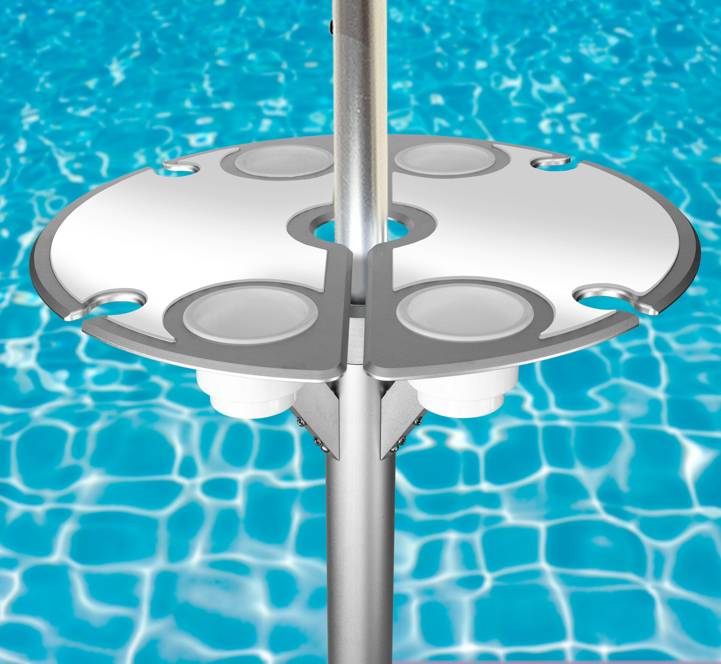 BAJAMATE white silicone cup holders and placemats for 24" luxury poolside aluminum table, designed for Baja shelves and sun ledges, providing premium durability and elegant poolside entertaining.