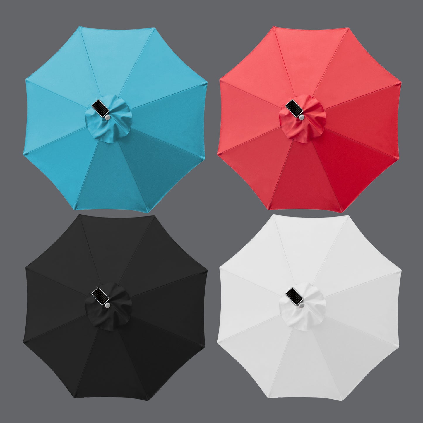 BAJAMATE LuxeAluminum solar-powered pool umbrella color options in Black, Red, Cream, and Caribbean Blue, designed for Baja shelves, sun ledges, and poolside decks with premium 280g UV-resistant fabric.