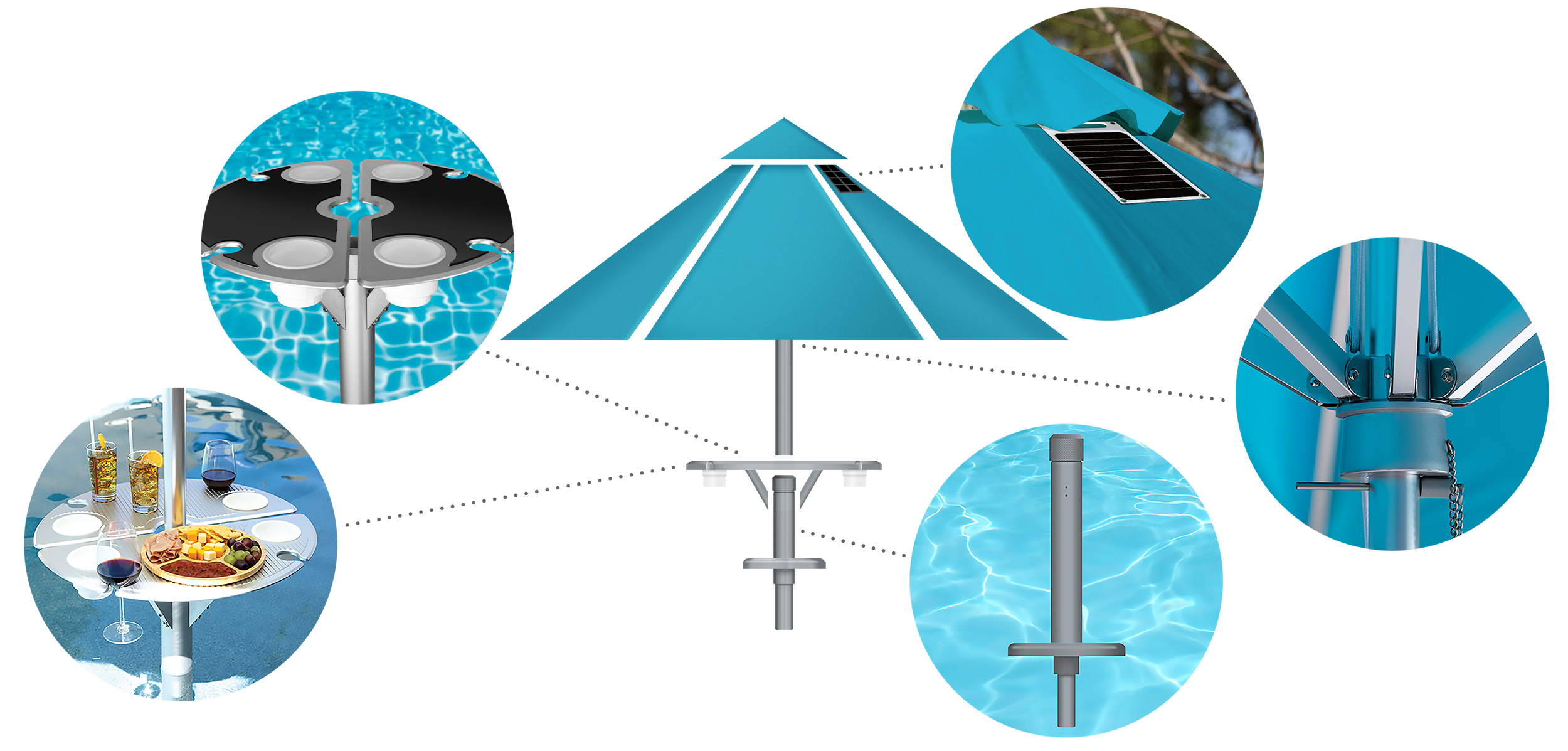 “BAJAMATE ultimate display of a poolside party setup with table, baja shelf or sun shelf sleeve adapter, and in-pool sleeve – luxury Baja shelf entertainment system for drinks, umbrellas, and pool accessories.”
