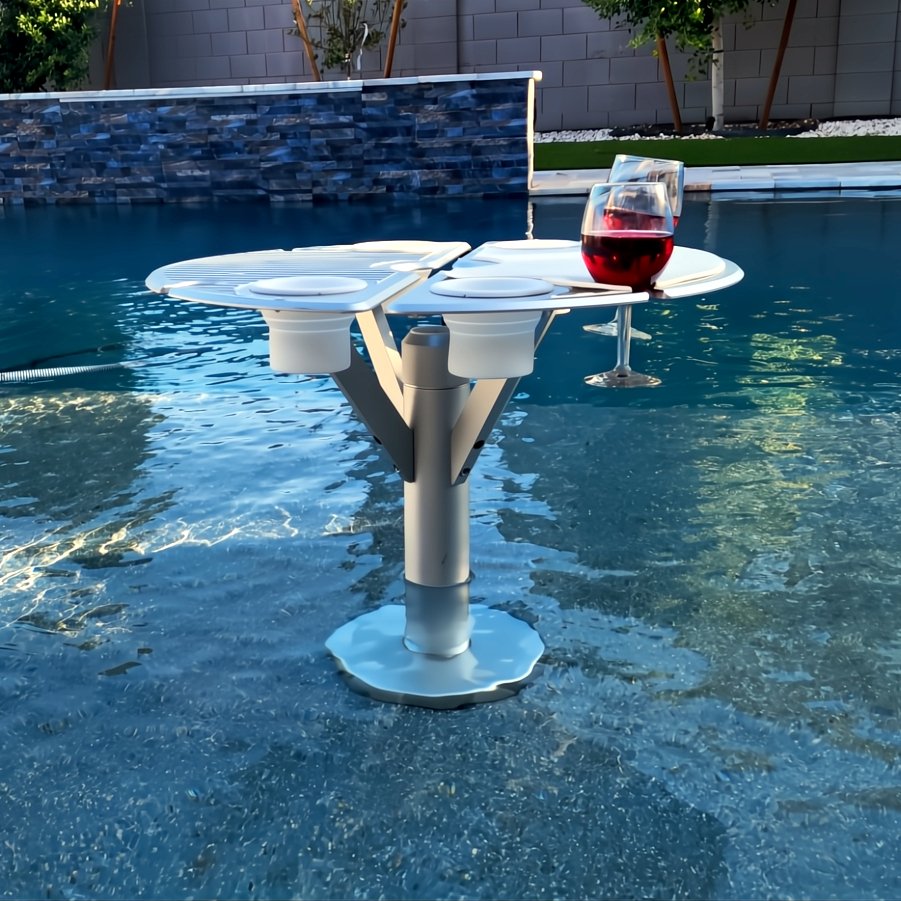 Luxury Baja Shelf Umbrella Table by BajaMate installed on a pool Baja step — aluminum table with cup and wine glass holders, color-enhanced for vibrant resort-style presentation.