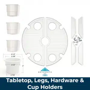 BAJAMATE 24-inch aluminum poolside entertainment table kit showing tabletop halves, four legs, stainless hardware, and white silicone cup holders.