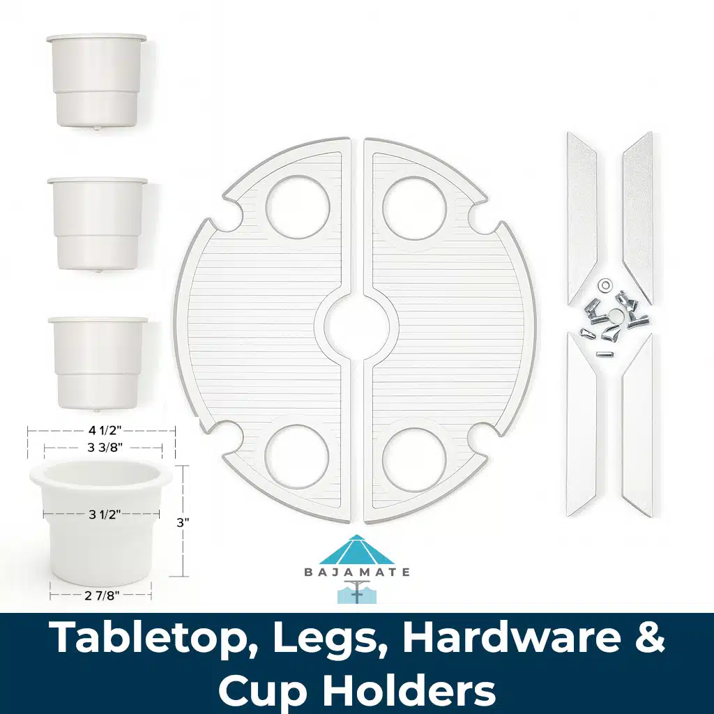 BAJAMATE 24-inch aluminum poolside entertainment table kit showing tabletop halves, four legs, stainless hardware, and white silicone cup holders.