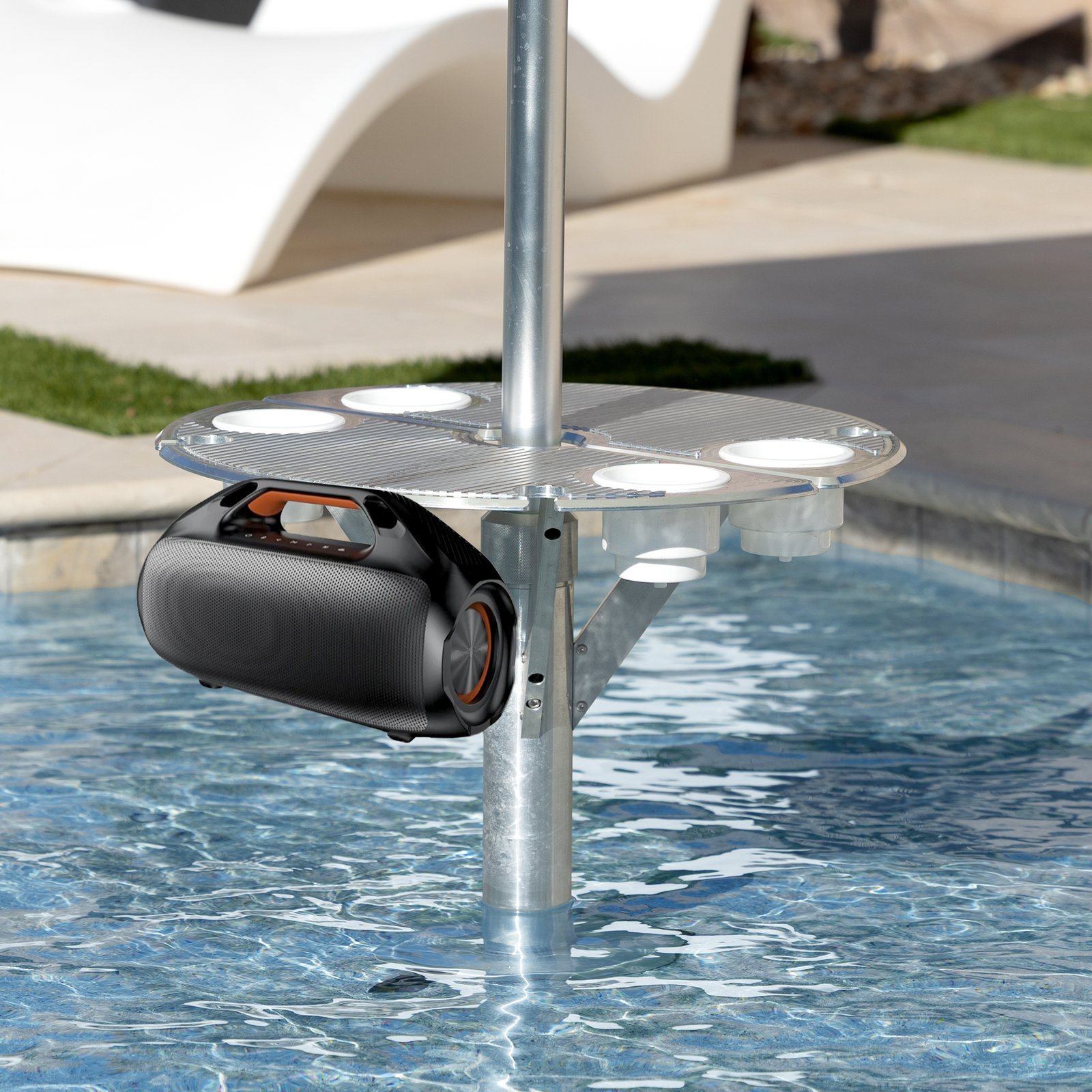BajaMate PowerSound 160 poolside 160-watt waterproof Bluetooth speaker system with dual drivers, deep bass, sleek black housing, and integrated mounting on a BajaMate table — delivering powerful outdoor sound for pool parties and luxury backyard entertainment.