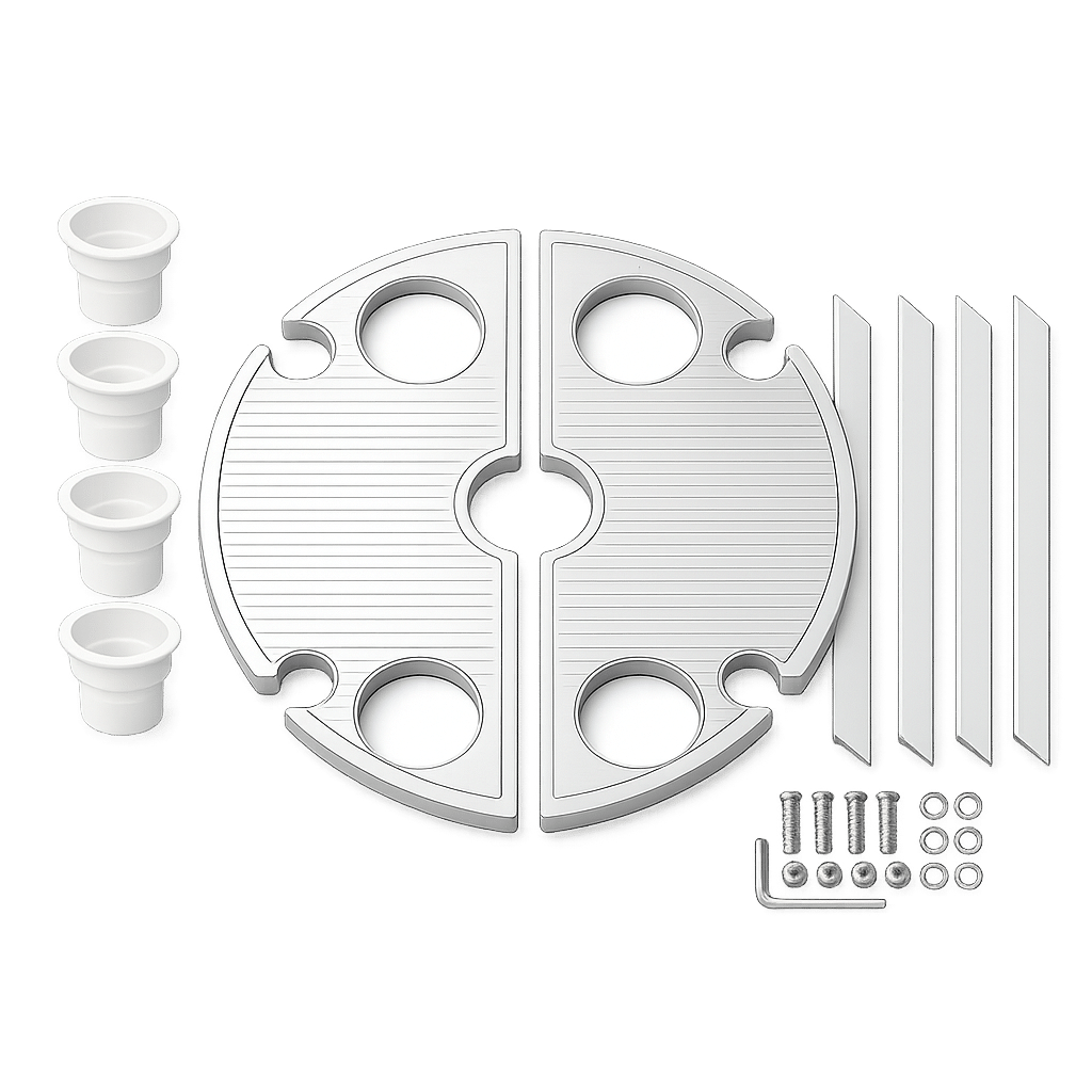 Flat lay of BajaMate 24-inch aluminum pool ledge table kit with two tabletop halves, four white silicone cup holders, four legs, and assembly hardware