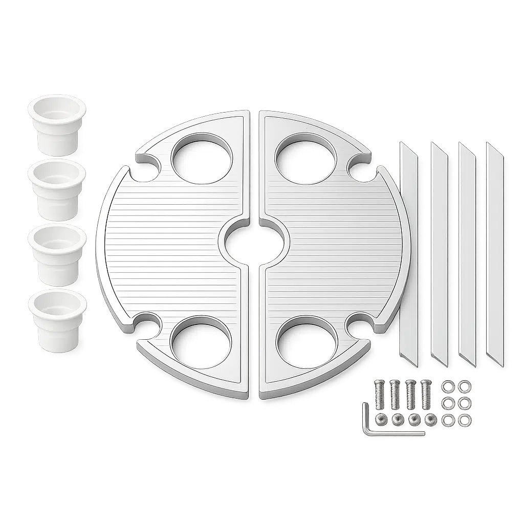 Flat lay of BajaMate 24-inch aluminum pool ledge table kit with two tabletop halves, four white silicone cup holders, four legs, and assembly hardware