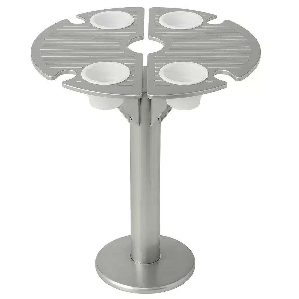 Luxury Baja shelf umbrella table made from brushed aluminum and 316 stainless steel by BajaMate, featuring four cup holders and four wine glass notches.