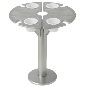 Luxury Baja shelf umbrella table made from brushed aluminum and 316 stainless steel by BajaMate, featuring four cup holders and four wine glass notches.