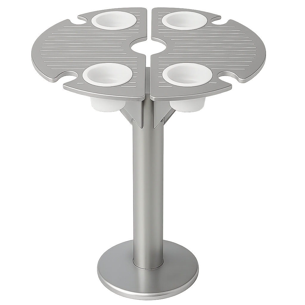 BajaMate aluminum Gather table system with four cup holders, aluminum Anchor adapter, and stabilizing plate