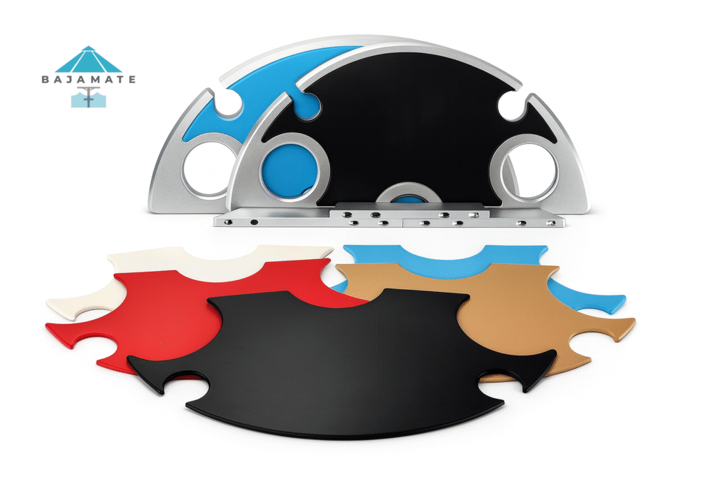 BajaMate aluminum pool umbrella table system shown with interchangeable colored placemats and accessory components on a white background.