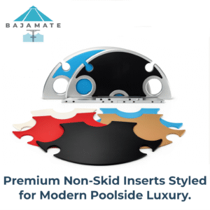 BajaMate aluminum pool umbrella table system shown with interchangeable colored placemats and accessory components on a white background.