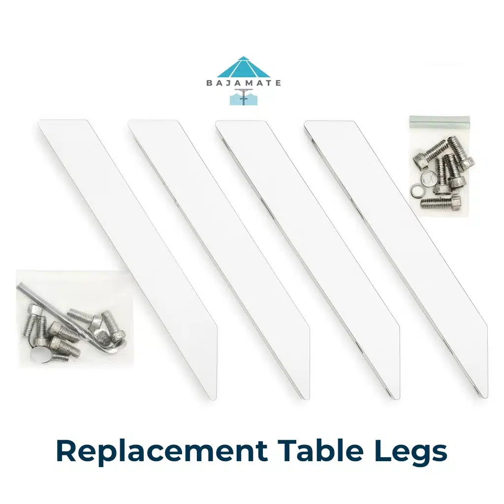 Four BajaMate poolside table replacement legs with stainless hardware and Allen wrench displayed on a white background.