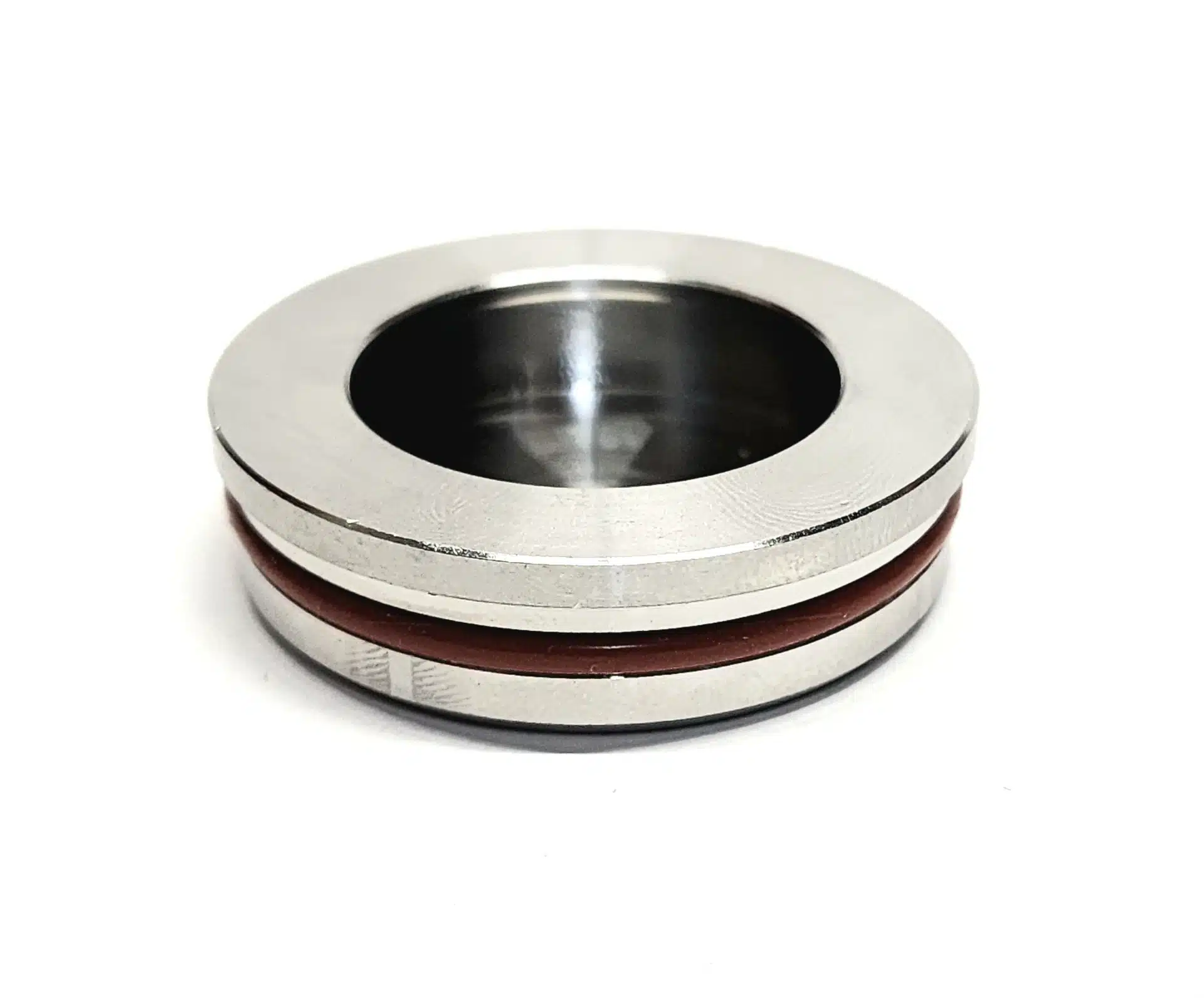 BajaMate 316 stainless steel pool cap on white background with waterproof seal and brushed marine finish, designed for in-pool sleeves.