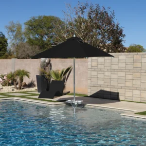 BAJAMATE Baja shelf umbrella in-pool umbrella in Black with matching table anchored on a Baja shelf for stable resort-style shade
