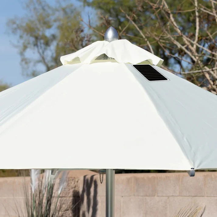 BAJAMATE solar pool umbrella with UV-resistant canopy and solar-powered USB-C charging system for in-pool or deck installation
