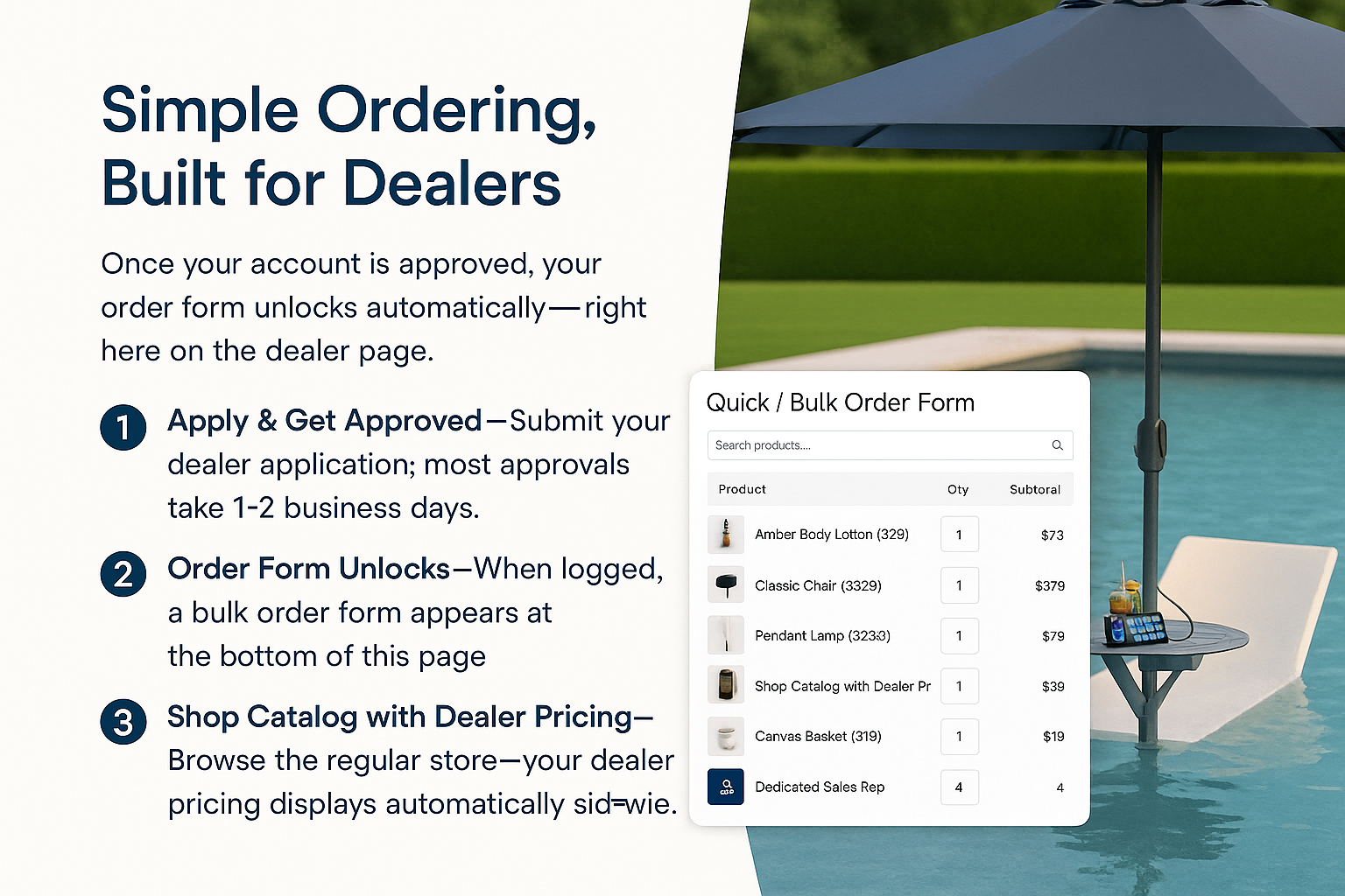 BajaMate dealer program ordering process with bulk order form and poolside table