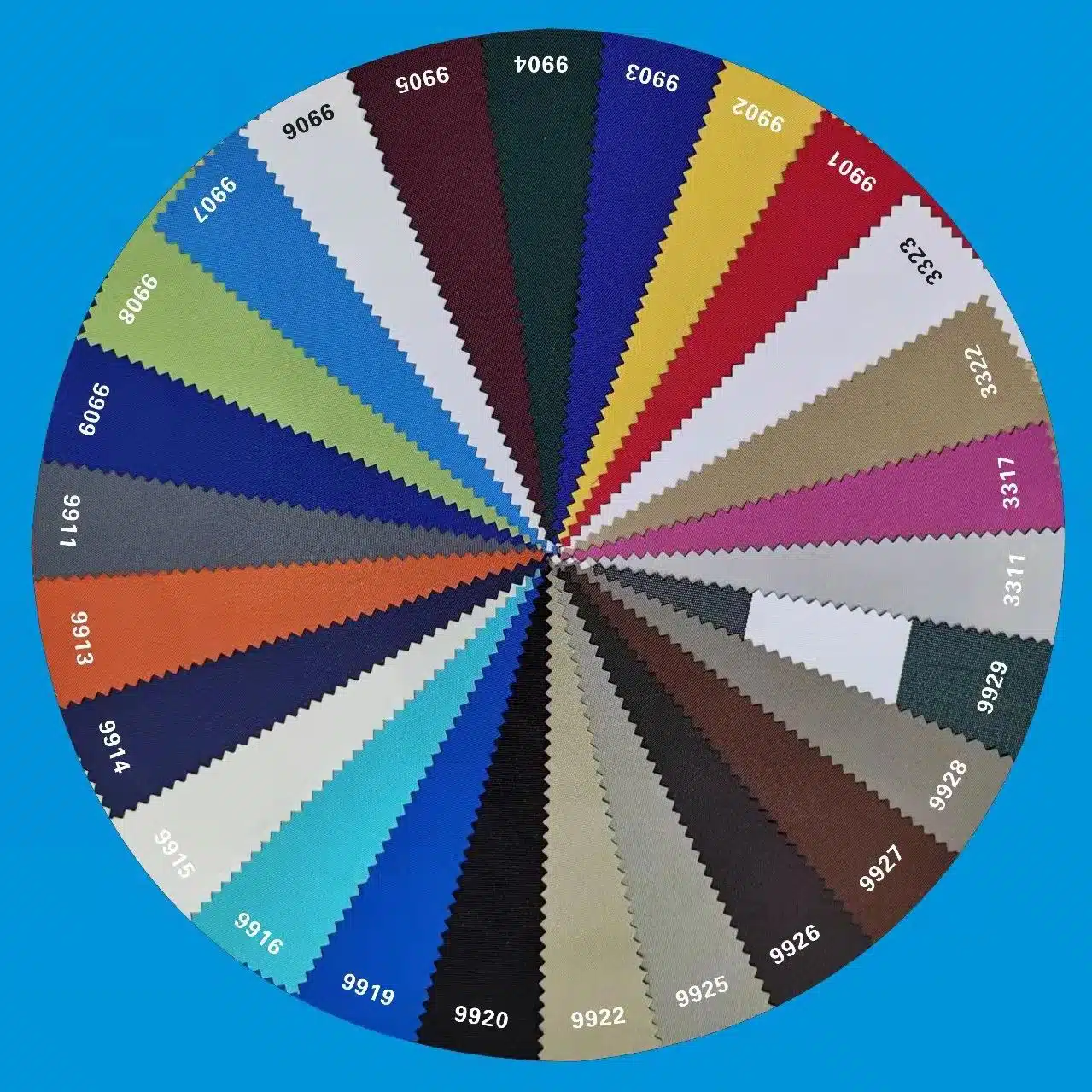 BajaMate custom umbrella color swatch chart showing pool and patio canopy fabric color options for in-pool umbrellas, sun shelf umbrellas, and outdoor pool umbrellas