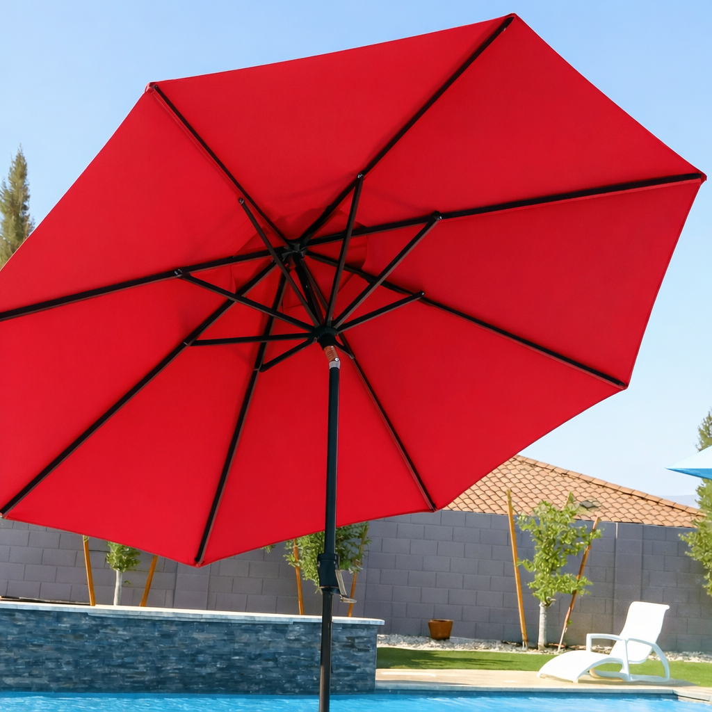 Side view of 12 ft tilt RED umbrella with all-aluminum frame and premium lift mechanism