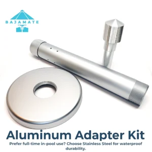 BajaMate aluminum pool deck umbrella adapter kit with threaded base, aluminum tube, and polished alignment pin shown on a white background.