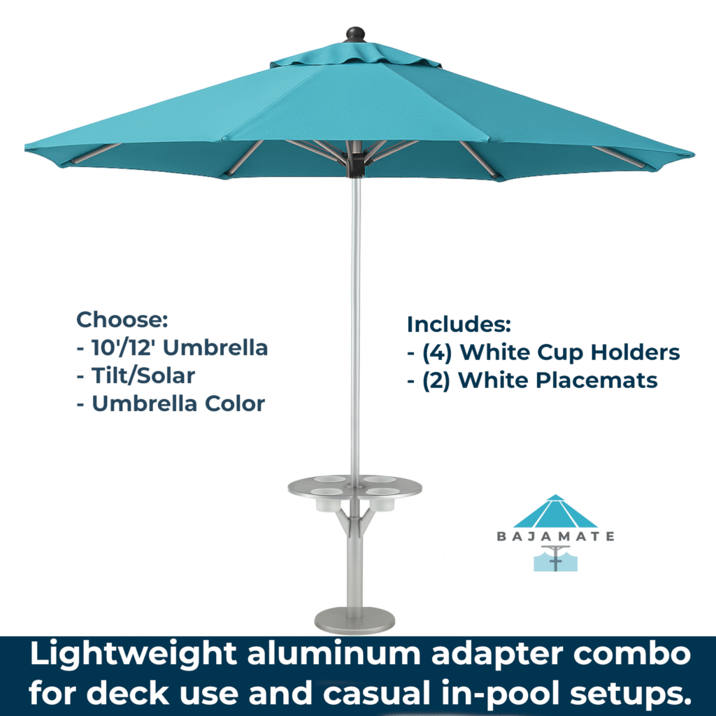 BajaMate aluminum umbrella base adapter combo with table and turquoise umbrella on white background.