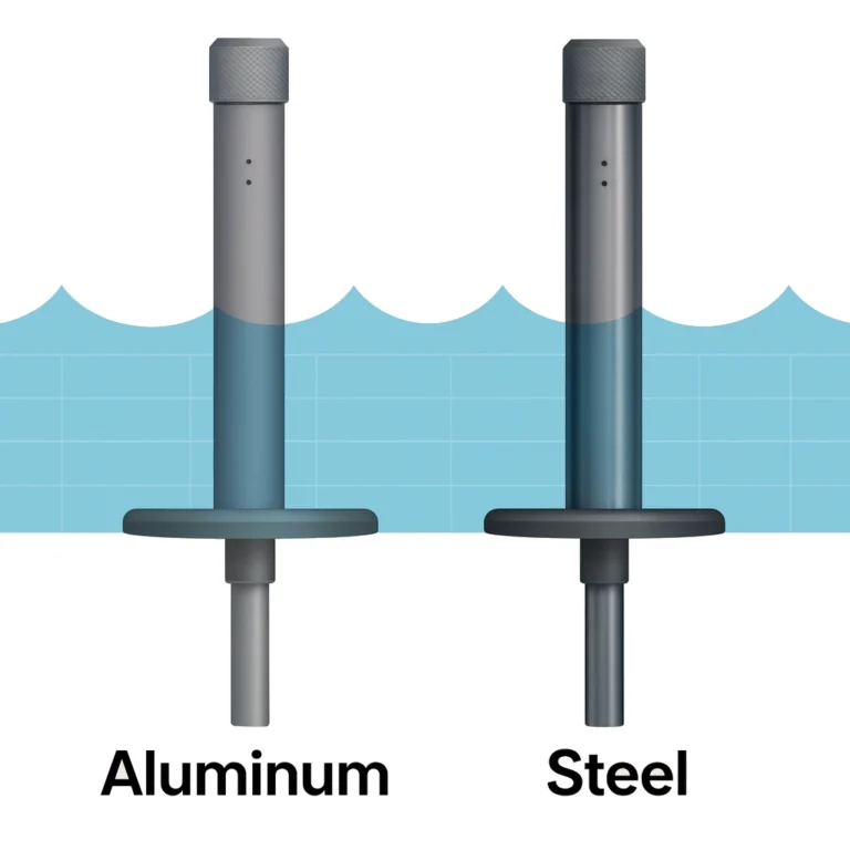 Side-by-side illustration showing BajaMate pool adapters in aluminum and 316 stainless steel, highlighting material differences above and below the pool waterline.