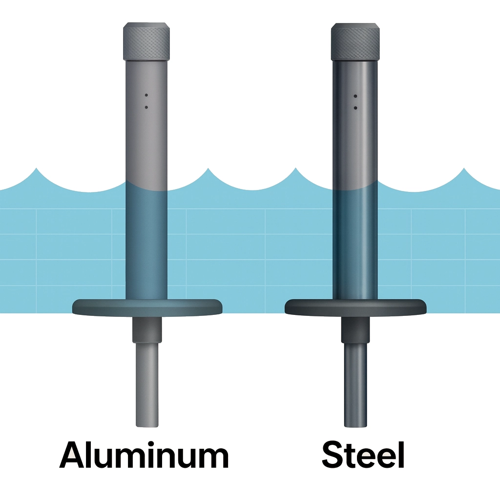 Side-by-side illustration showing BajaMate pool adapters in aluminum and 316 stainless steel, highlighting material differences above and below the pool waterline.