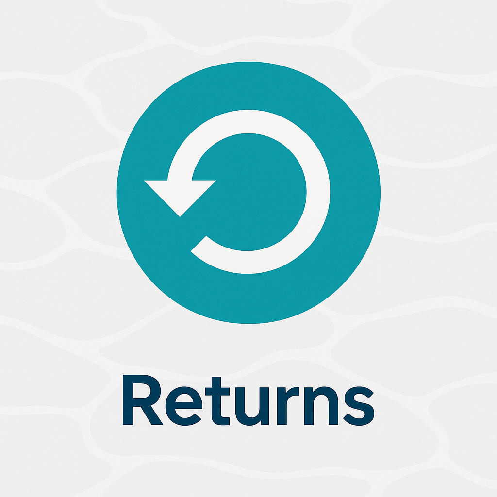 Minimal BajaMate Refund & Return Policy icon in navy and teal colors with circular arrow symbol representing exchanges and customer support