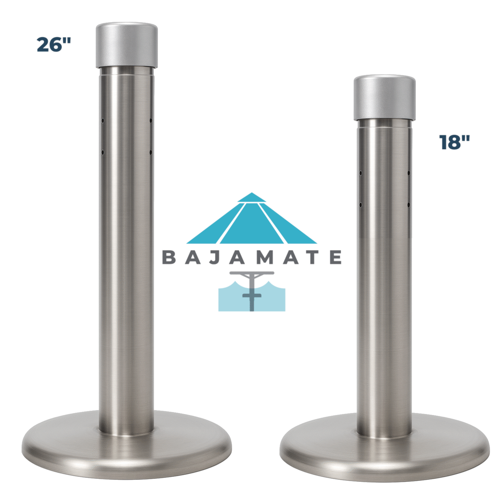 BajaMate 316 stainless steel umbrella adapters shown in 18-inch and 26-inch sizes with side-by-side height comparison.