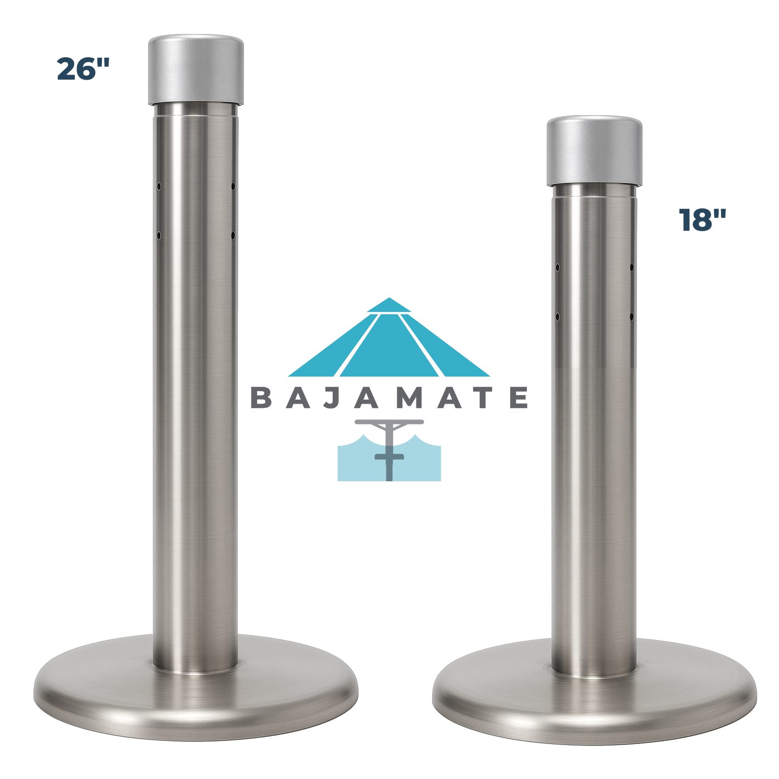 BajaMate 316 stainless steel umbrella adapters shown in 18-inch and 26-inch sizes with side-by-side height comparison.