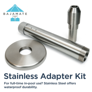 BajaMate Pool Umbrella Sleeve Adapter in stainless steel, designed for full-time in-pool use and compatible with large umbrellas up to 2.25 inches.