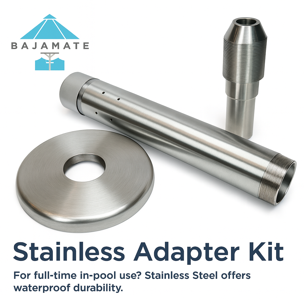 BajaMate Pool Umbrella Sleeve Adapter in stainless steel, designed for full-time in-pool use and compatible with large umbrellas up to 2.25 inches.