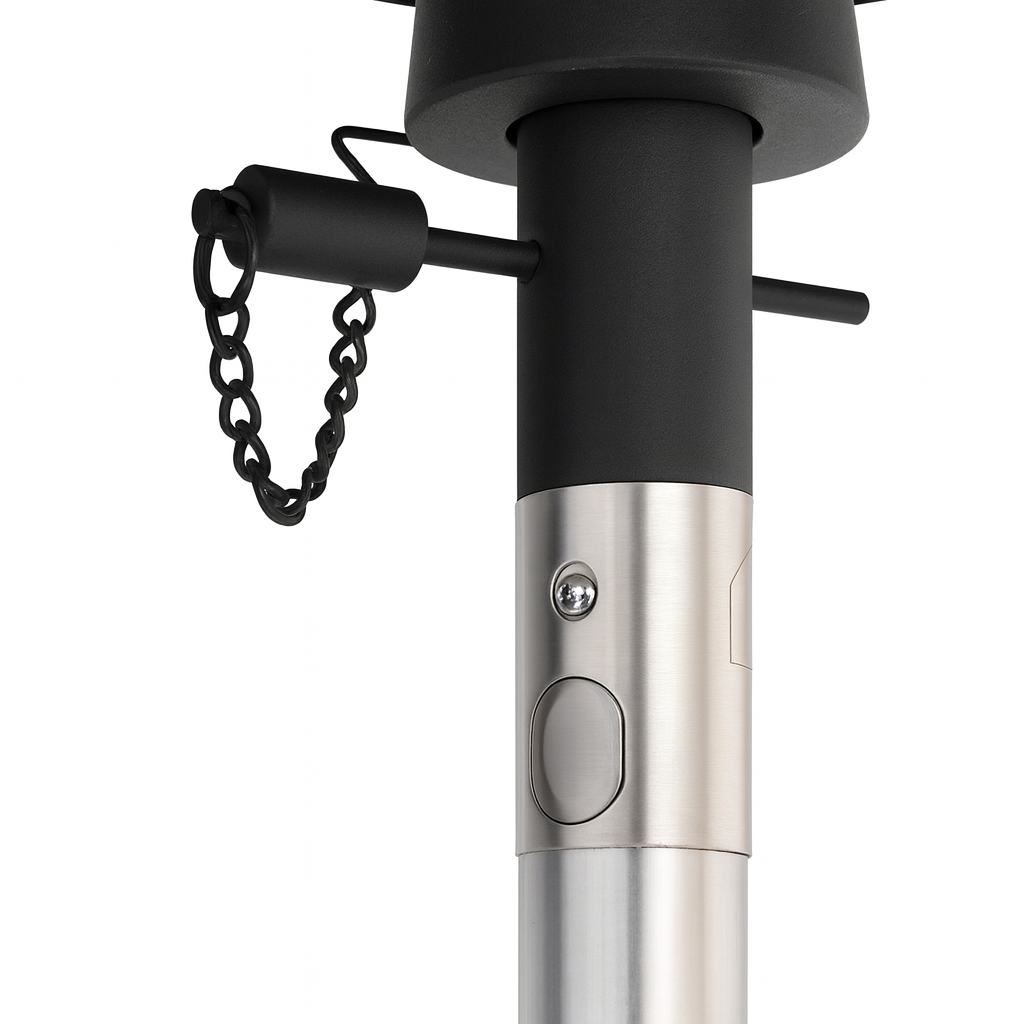 All-aluminum umbrella tilt mechanism with metal locking pin and zero plastic parts