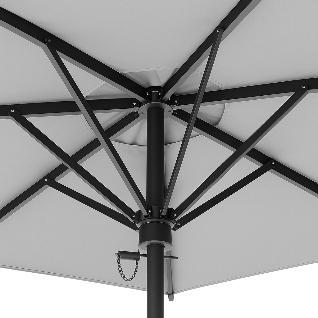 All-aluminum umbrella ribs and locking mechanism with no plastic parts