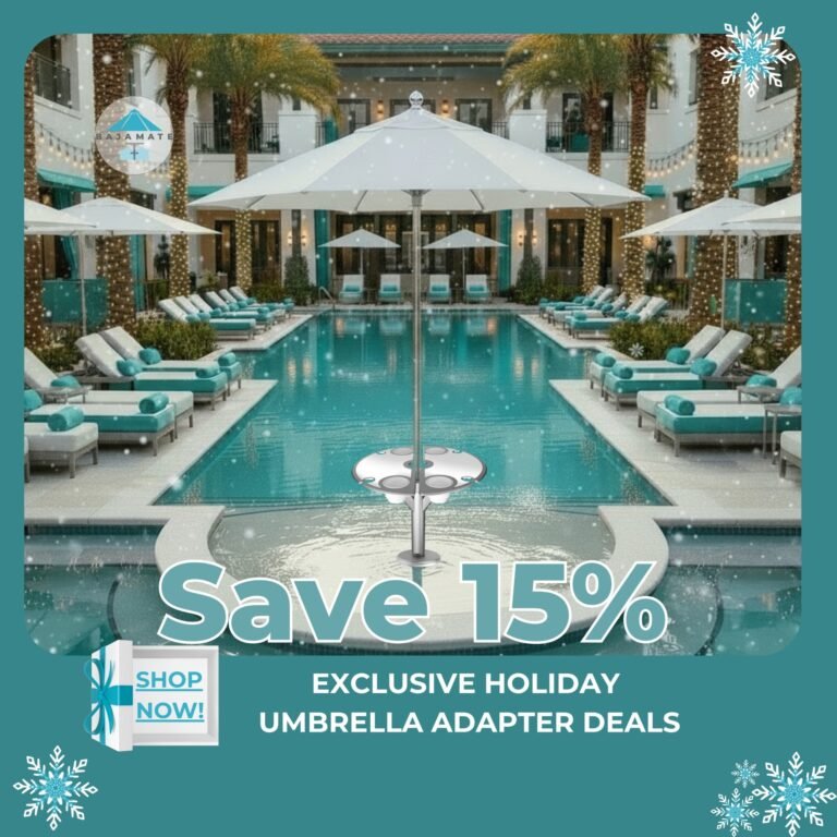 BajaMate in-pool umbrella adapter and table shown in a luxury resort pool with a 15% holiday sale promotion.