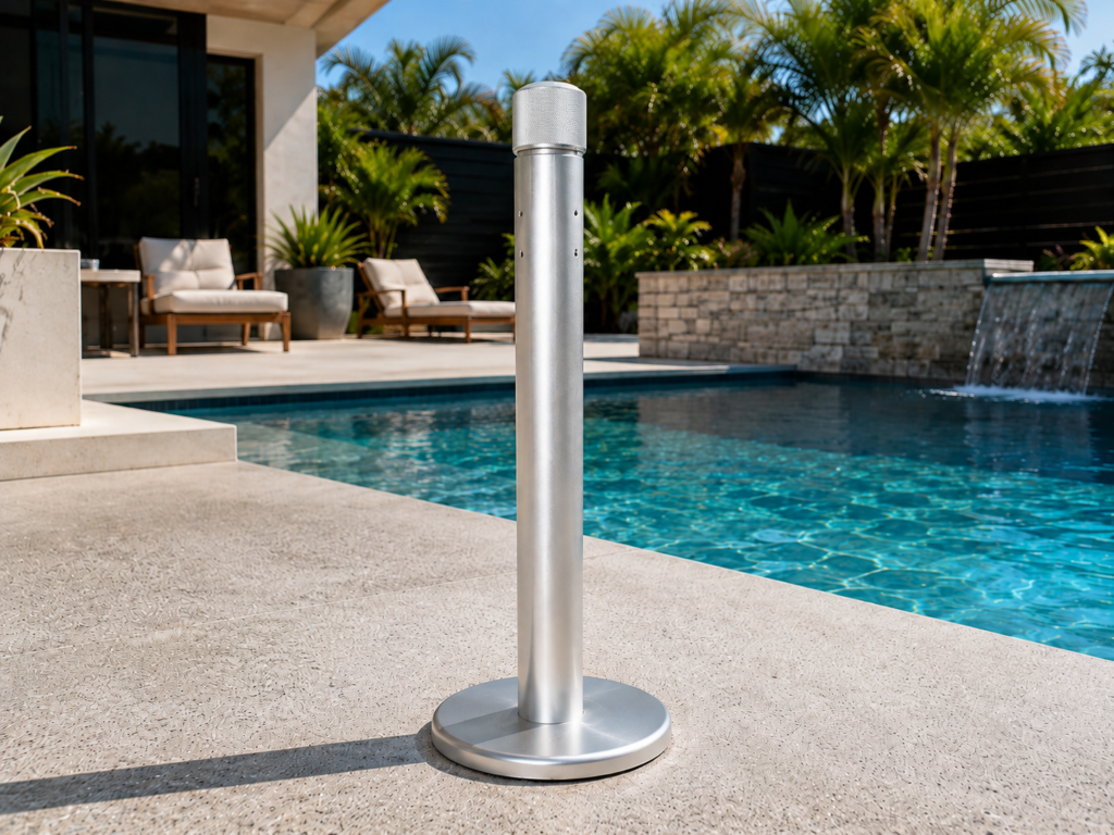 18-inch aluminum BajaMate pool umbrella anchor adapter installed on a dry-side patio deck beside a luxury swimming pool.