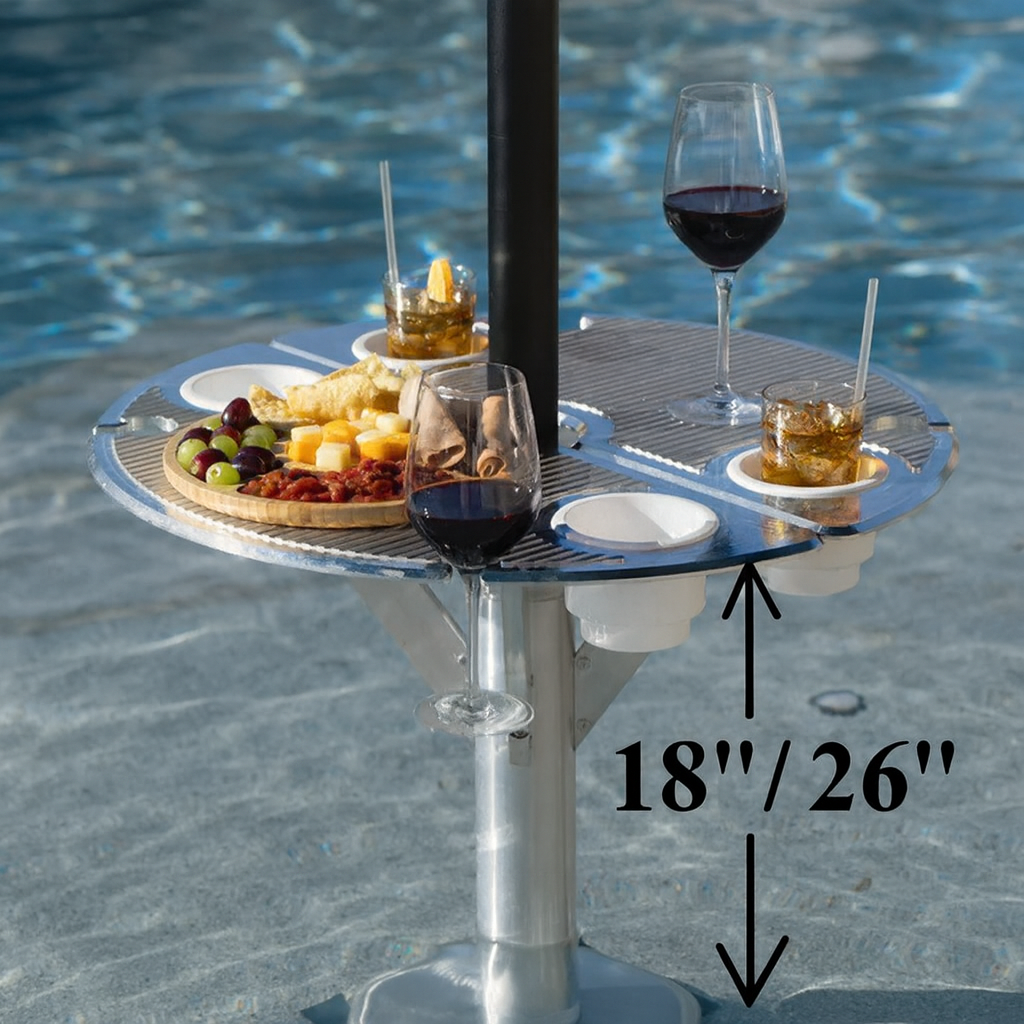 umbrella base adapter for Baja shelf with 24-inch in-pool table installed on 18/26 inch pole