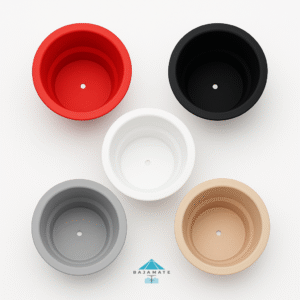 BajaMate silicone cup holders in red, black, white, gray, and tan, shown together on a clean white background for Baja shelf umbrella tables.