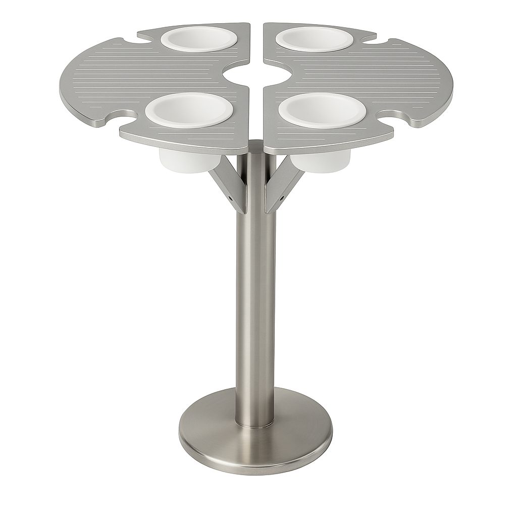 BajaMate baja shelf umbrella table with aluminum tabletop system and 316 stainless steel in-pool umbrella base, full kit shown.
