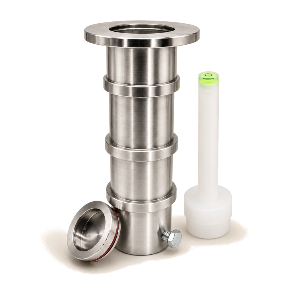 Patented BajaMate 316 stainless steel in-pool umbrella sleeve with threadless cap and leveling tool on a clean white background.