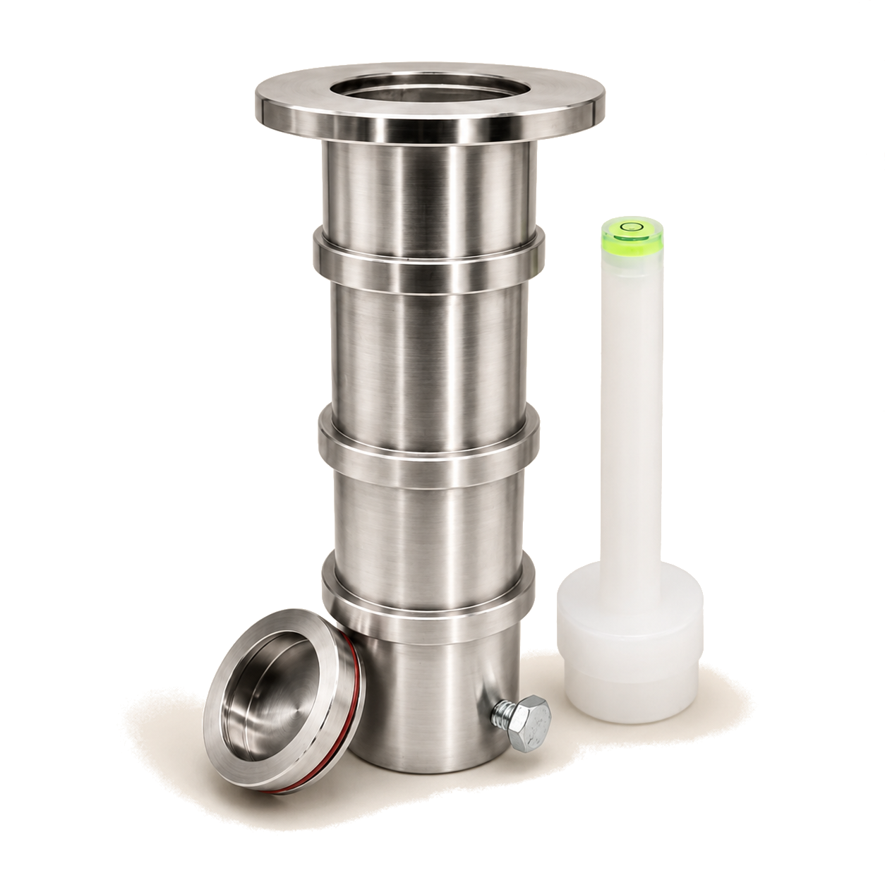 Patented BajaMate 316 stainless steel in-pool umbrella sleeve with threadless cap and leveling tool on a clean white background.