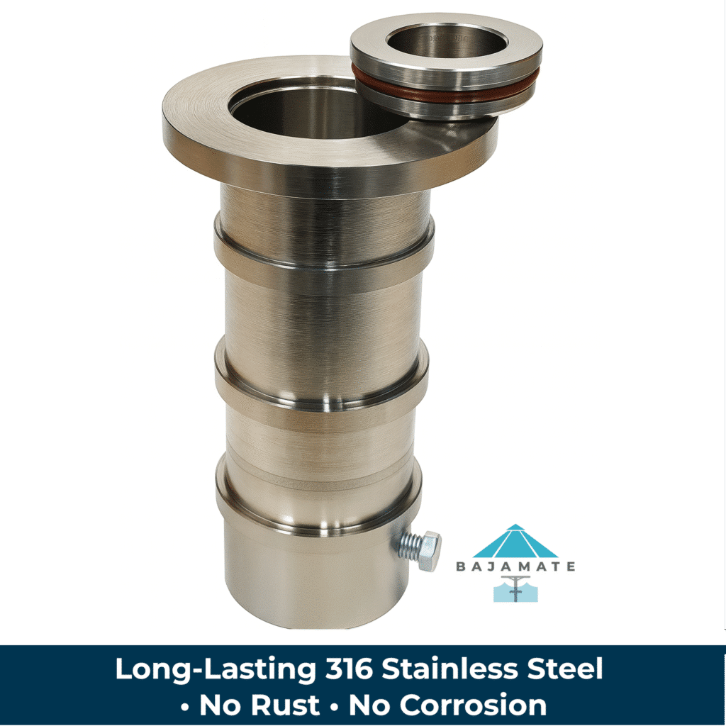 BajaMate 316 stainless steel in-pool umbrella sleeve with threadless cap and leveling tool on a clean white background.