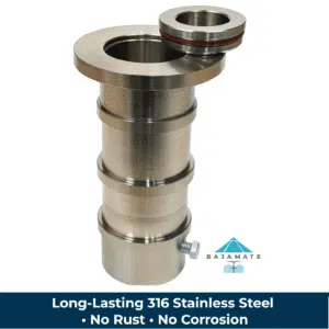 BajaMate 316 stainless steel in-pool umbrella sleeve with threadless cap and leveling tool on a clean white background.