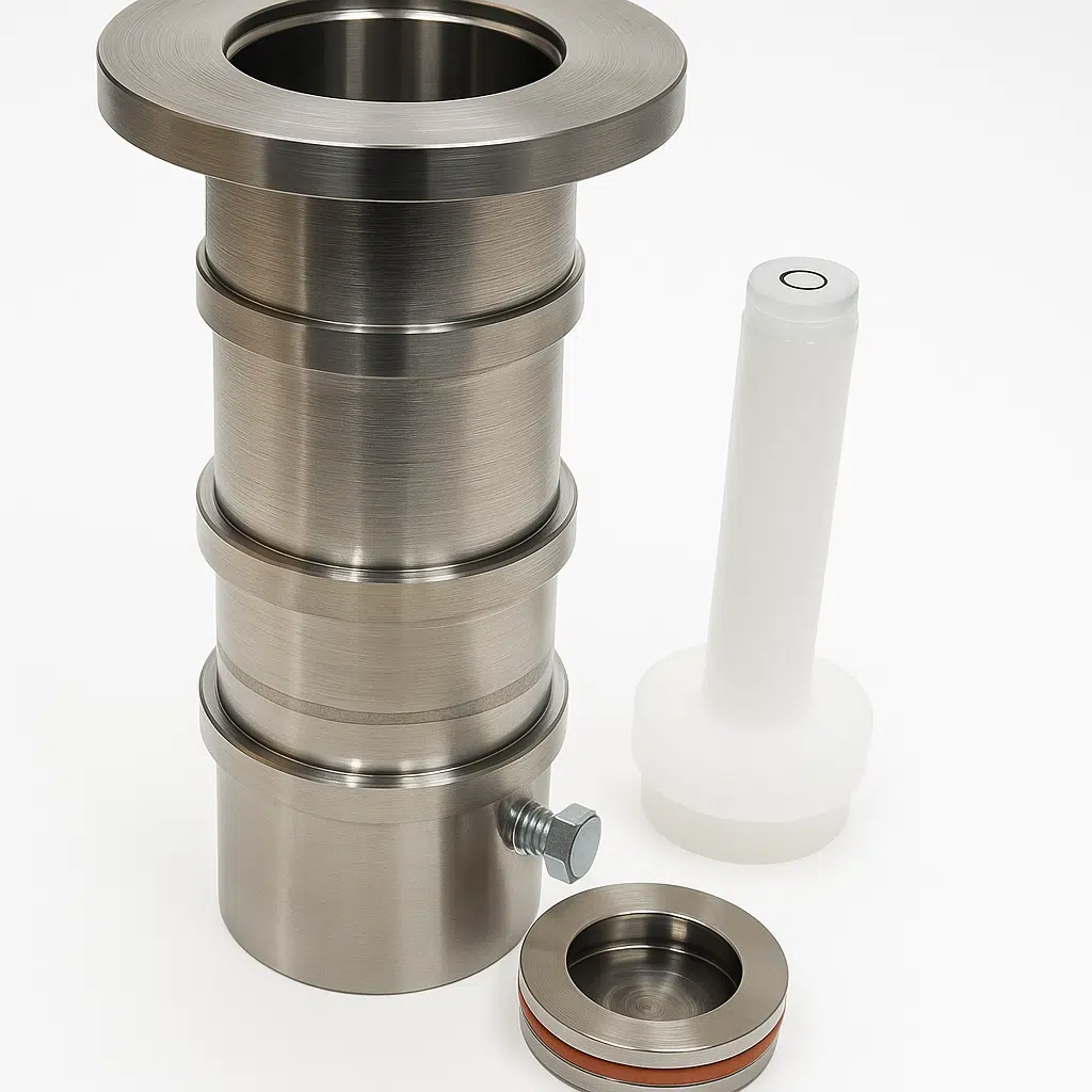 316 stainless steel in-pool umbrella sleeve with threadless cap and leveling tool on a white background.