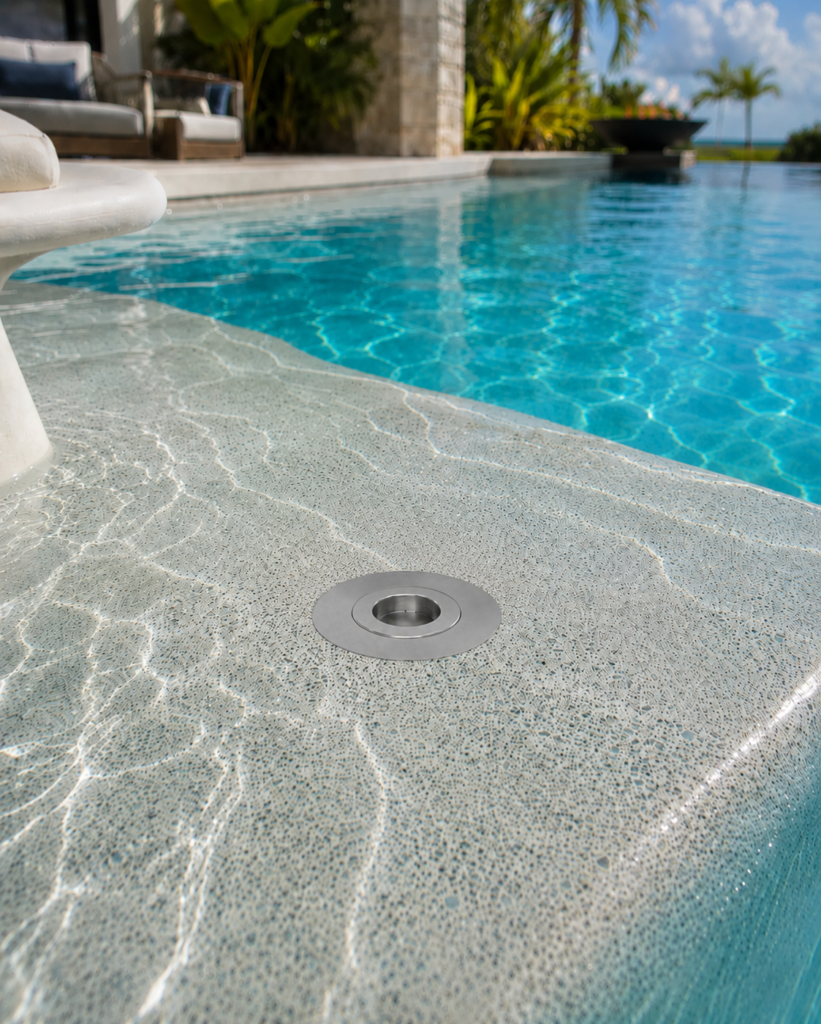 BajaMate stainless steel pool sleeve installed flush in a submerged Baja shelf