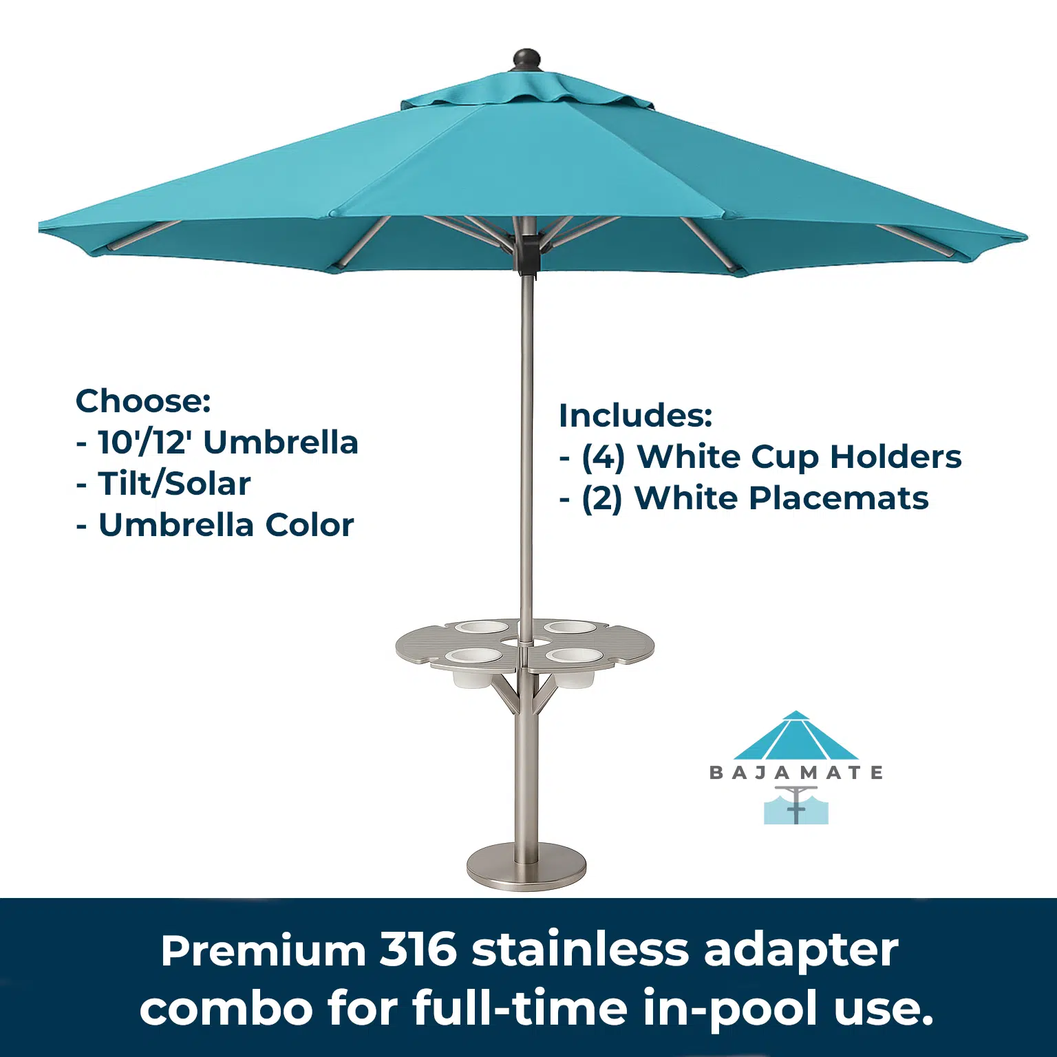 316 stainless steel Best Built In-Pool & Patio Umbrellas Baja shelf umbrella table system with Sunbrella umbrella and aluminum table on clean white background.