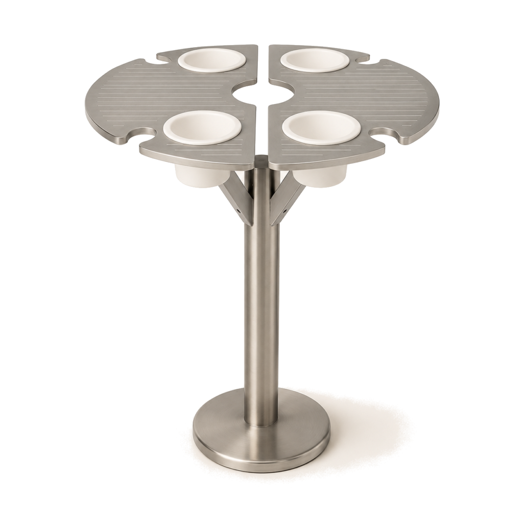BajaMate Gather stainless poolside table system with cup holders for in-pool and deck use