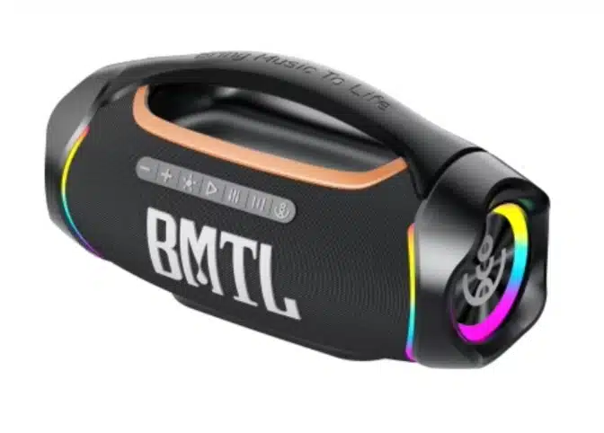 BMTL portable pool Bluetooth speaker mounted on a Bajamate under-table bracket—shows the included 3D-printed hook that attaches to the BajaMate table and supports the speaker by its handle.