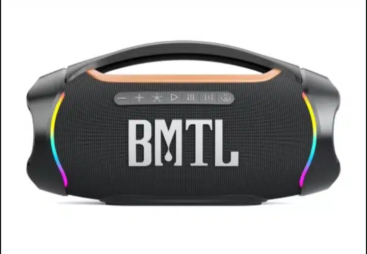 BMTL II 120w portable pool Bluetooth speaker mounted on a Bajamate under-table bracket—shows the included hook that attaches to the BajaMate table and supports the speaker by its handle.