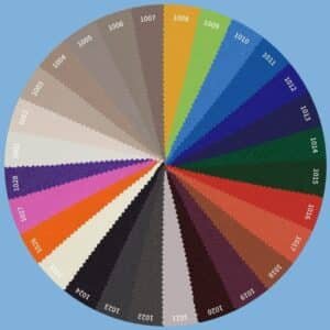 BajaMate 2026 custom umbrella color swatch chart showing pool and patio canopy fabric color options for in-pool umbrellas, sun shelf umbrellas, and outdoor pool umbrellas